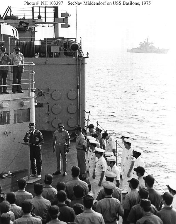 SecNav, J. William Middendorf II speaks to crew in Med, Sep. '75
